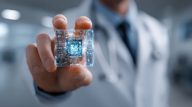 Doctor holding a transparent AI microchip interface, symbolizing digital healthcare, medical technology, artificial intelligence, diagnostics, precision medicine, and healthcare innovation.