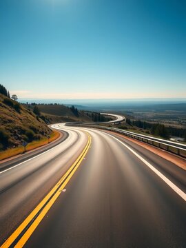 Curved highway disappears into horizon under bright blue skies, transportation, ||high-rise buildings