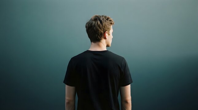 Minimalist portrait of man from behind, young male in black t-shirt looking away, contemplative man standing against dark teal background