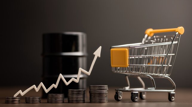 Empty shopping cart beside a rising price arrow and black oil barrel, illustrating food inflation, oil crisis, supply chain disruption, and the escalating cost of essential consumer goods.