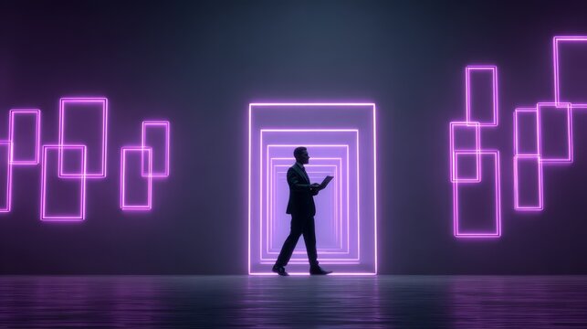 Businessman silhouette walking through glowing neon portal frames in a futuristic space, symbolizing digital transformation, innovation, opportunity, leadership, and the journey into the future.