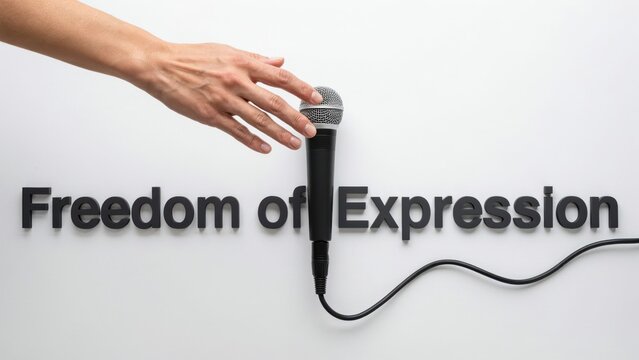 Hand Reaching for Microphone with Freedom of Expression Text on White Background