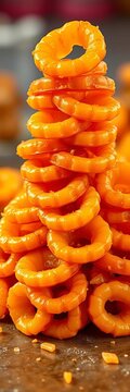 Golden brown jalebis stacked in a pyramid shape, stilllife, treat