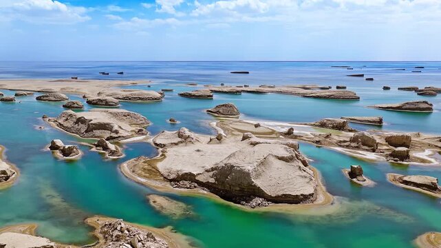 Aerial view of water yardang landforms in a turquoise lake in Qinghai, China