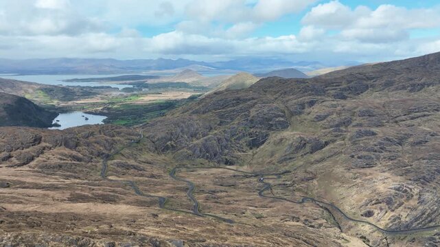 aerial view down The Healey Pass looking at Bantry Bay and West Cork epic locations on The Wild Atlantic Way