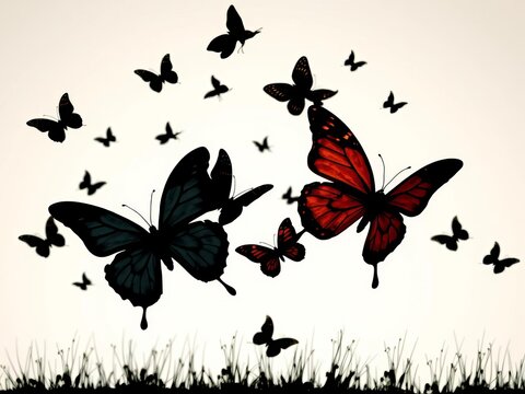 Silhouette of flying butterflies against a white background, creating a whimsical scene, nature, vector