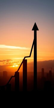 Silhouette chart arrow rising upward amidst city skyline at sunset, upward trend, data visualization