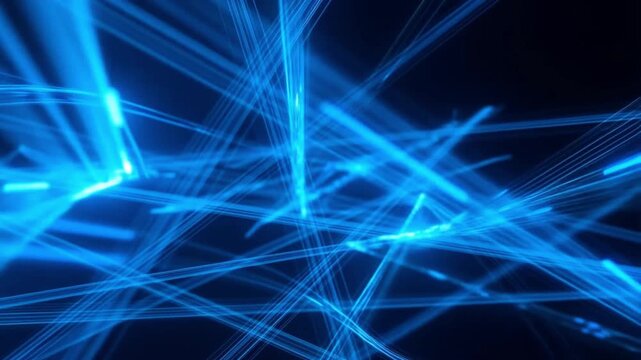 Glowing blue fiber optic lines flowing digital data packets