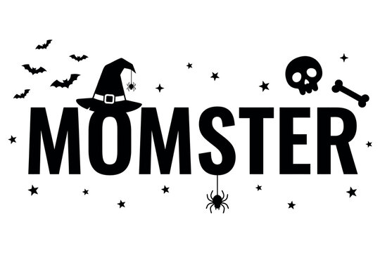 Momster halloween typography design with witch hat and spooky elements