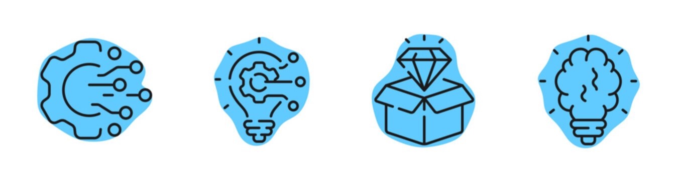 Gear lightbulb diamond and brain icons showing innovation on white. Editable stroke