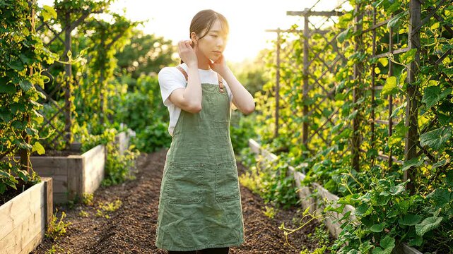 Japanese woman in beauty routine showcasing morning skincare habits while depicting natural lifestyle in a sunlit garden setting for organic beauty marketing campaign