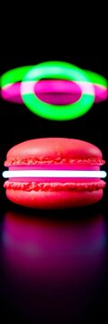 Vibrant macaron with neon rings on black background, ||Fuzzy, whimsical