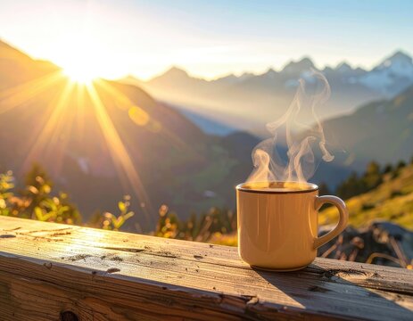 A warm cup of coffee sits on a wooden railing against a stunning mountain sunrise.