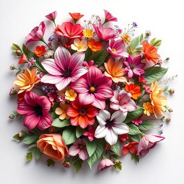 Whimsical floral arrangement with interlocking flowers and leaves, springtime, ||floral design