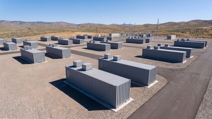 Fototapeta premium Battery energy storage system, rows of container units with cooling vents at power plant with electrical substation and transmission lines in desert landscape, renewable grid backup and clean supply