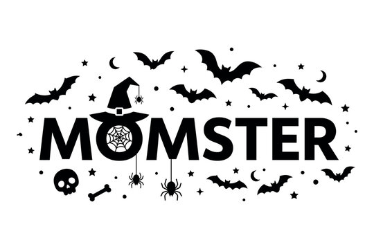 Momster halloween graphic with bats spiders and witch hat