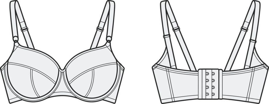 Technical illustration of a minimizer bra with hook and eye closure