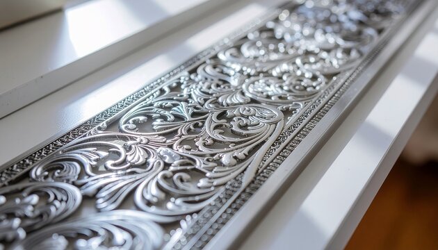 Shiny Silver Filigree Ornament With Ornate Floral Scrollwork And Embossed Metal Texture