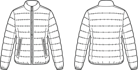 Technical fashion illustration of a women's padded winter jacket front and back views © MstSaleha