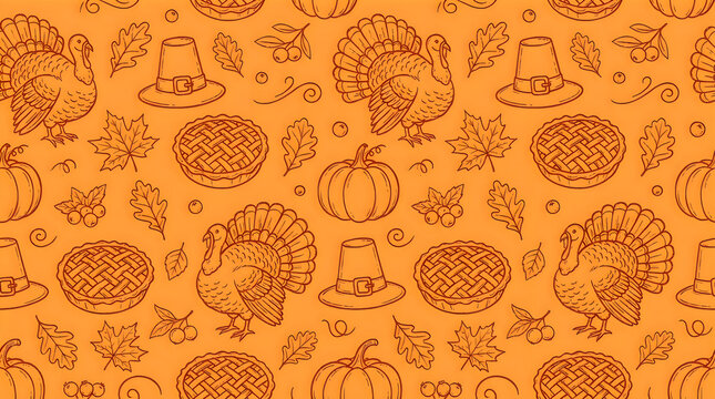 Seamless pattern for thanksgiving holiday with line art turkeys pilgrim hats pies pumpkins acorns leaves and berries on orange background for fall festive wrapping paper fabric design.