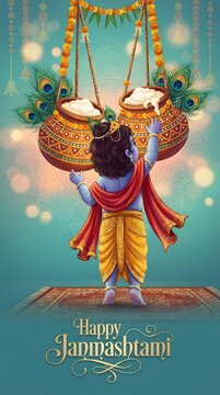 Happy janmashtami illustration baby krishna reaching for butter in a decorative hanging pot