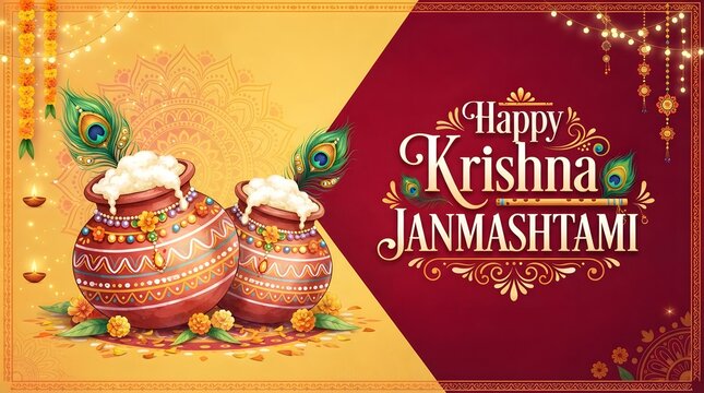 Festive krishna janmashtami illustration with matka and peacock feathers for religious celebrations and social media posts