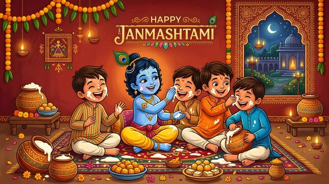 Festive janmashtami illustration krishna with devotees celebrating lord krishna's birthday in a vibrant setting