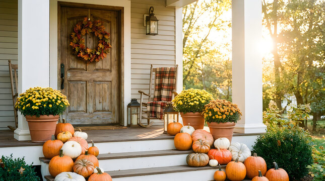 Front porch decorated for autumn season with rustic wooden door cozy rocking chair plaid blanket wreaths and abundance of various orange white pumpkins and bright yellow chrysanthemum.