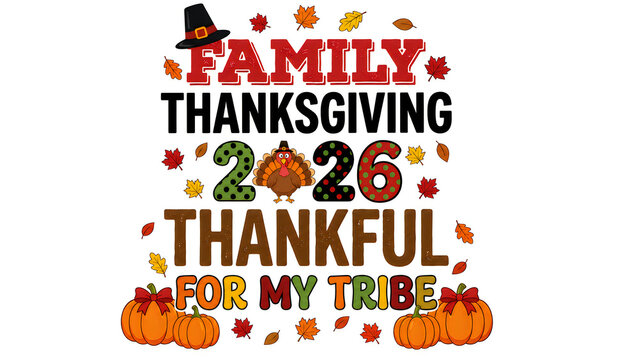 Family thanksgiving 2026 thankful for my tribe holiday typography design with cartoon turkey pumpkins and autumn leaves decorative graphics for seasonal celebration greeting cards.