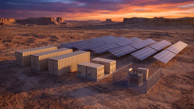 Solar power plant with battery storage in desert at sunset, photovoltaic panels, container units, inverters and fenced transformer among red rock mesas, off grid renewable energy and clean microgrid