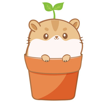 Cute cartoon hamster peeking from flower pot with sprout growing on head vector