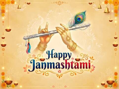 Elegant janmashtami illustration krishna's flute and hands with floral decorations for festive greetings and celebrations