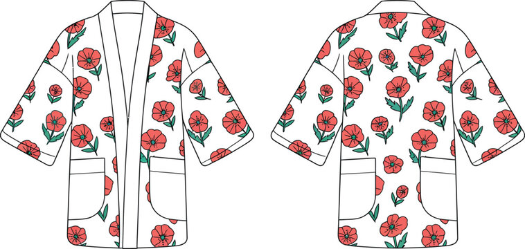 Floral kimono design mockup front and back view with poppy pattern