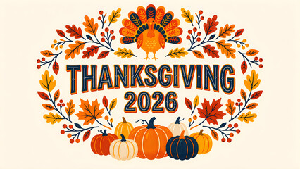 Fototapeta premium Thanksgiving 2026 greeting banner with colorful turkey illustration surrounded by vibrant autumn leaves berries and pumpkin harvest arrangement on light neutral cream background space.