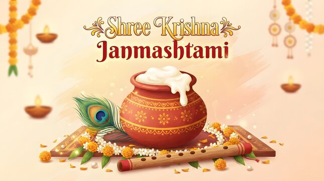 Janmashtami celebration illustration krishna's birthday with matka peacock feather and traditional decorations