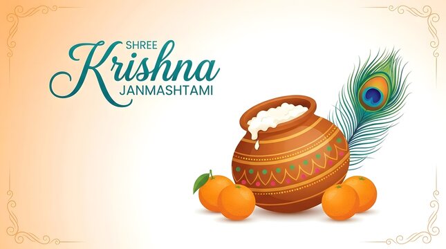 Shree krishna janmashtami celebration graphic with pot peacocks and oranges festive design