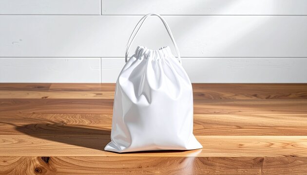 A white drawstring bag on a wooden surface under soft sunlight, symbolizing simplicity, sustainability, and the elegance of minimalist design and everyday practicality.