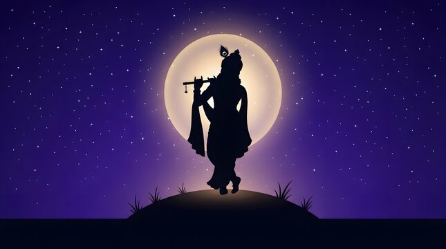 Silhouette of lord krishna playing flute under a starry night sky with a full moon