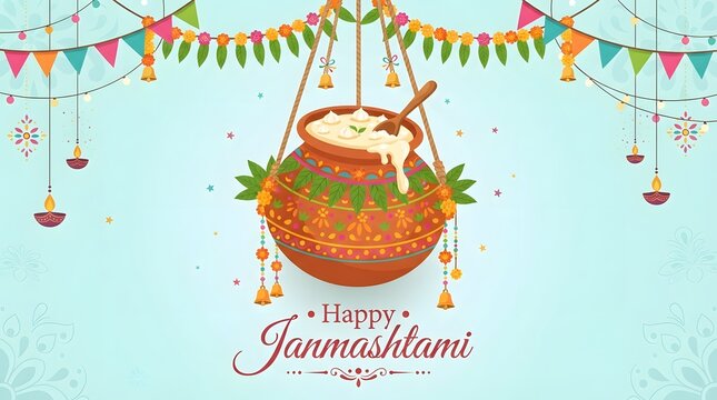 Janmashtami celebration illustration hand painted matki with festive decorations and floral garland