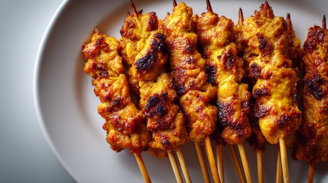 Top view close-up of Indonesian chicken satay skewers served with rich peanut sauce, showcasing authentic Southeast Asian cuisine, grilled perfection, and flavorful street food.