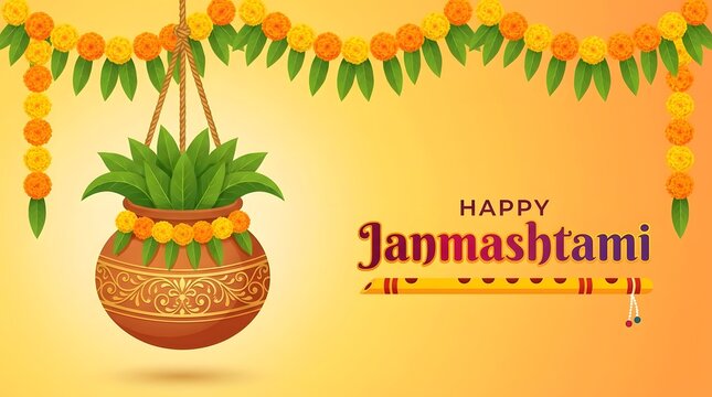 Happy janmashtami illustration with hanging planter and floral decorations for festive celebrations and greetings