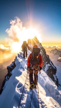 Two climbers ascend a snowy mountain ridge towards the sun.