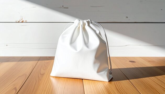 A white drawstring bag on a wooden surface under soft sunlight, symbolizing simplicity, sustainability, and the elegance of minimalist design and everyday practicality.