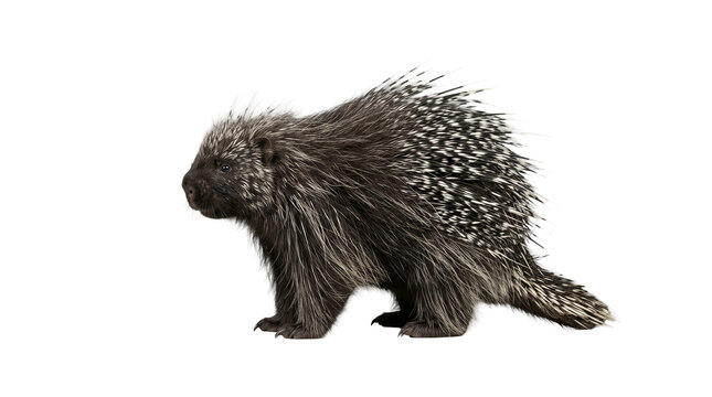 This profile view shows a North American porcupine featuring prominent white-tipped quills against a neutral studio backdrop.