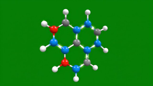 Molecular structure rotating in studio lighting against a green background for scientific research and education