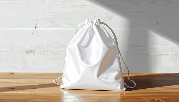 A white drawstring bag on a wooden surface under soft sunlight, symbolizing simplicity, sustainability, and the elegance of minimalist design and everyday practicality.