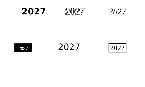 2027 year number typography set, minimalist black and grey 2027 date logos, collection of six vector calendar year elements for planners