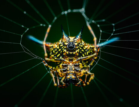 Spiny orb weaver spider hanging on intricate web