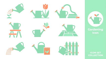Teal orange gardening tool vector set with watering can shovel trowel pot greenhouse house planter and flowers arranged in 3x3 grid. © Mii