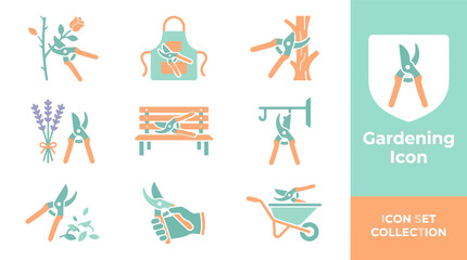 Teal orange gardening pruning shears set with watering can plant pot shovel trowel greenhouse tools and flowers arranged in 3x3 grid with central focus on shears. © Mii